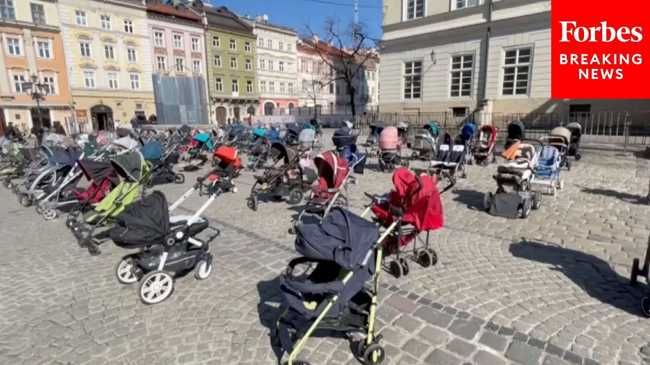 Over 100 Strollers Placed In Lviv, Ukraine, Represent Number Of Children Killed In Russian Attacks