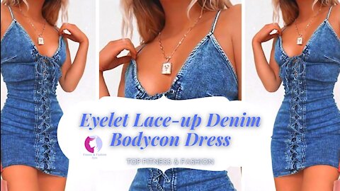 Eyelet Lace-up Denim Bodycon Dress