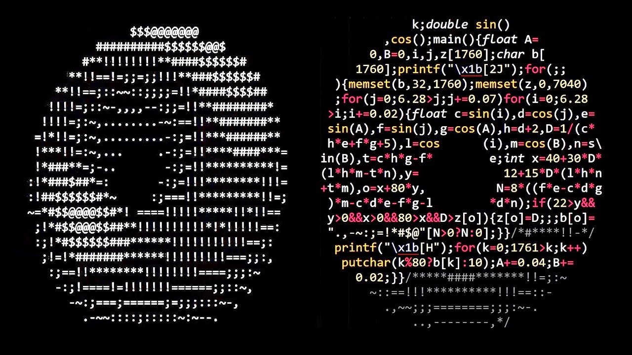 Donut-shaped C code that generates a 3D spinning donut