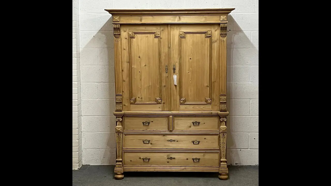 Large Dutch Antique Pine Bomb Base Linen Press (V1200H) @Pinefinders Old Pine Furniture Warehouse