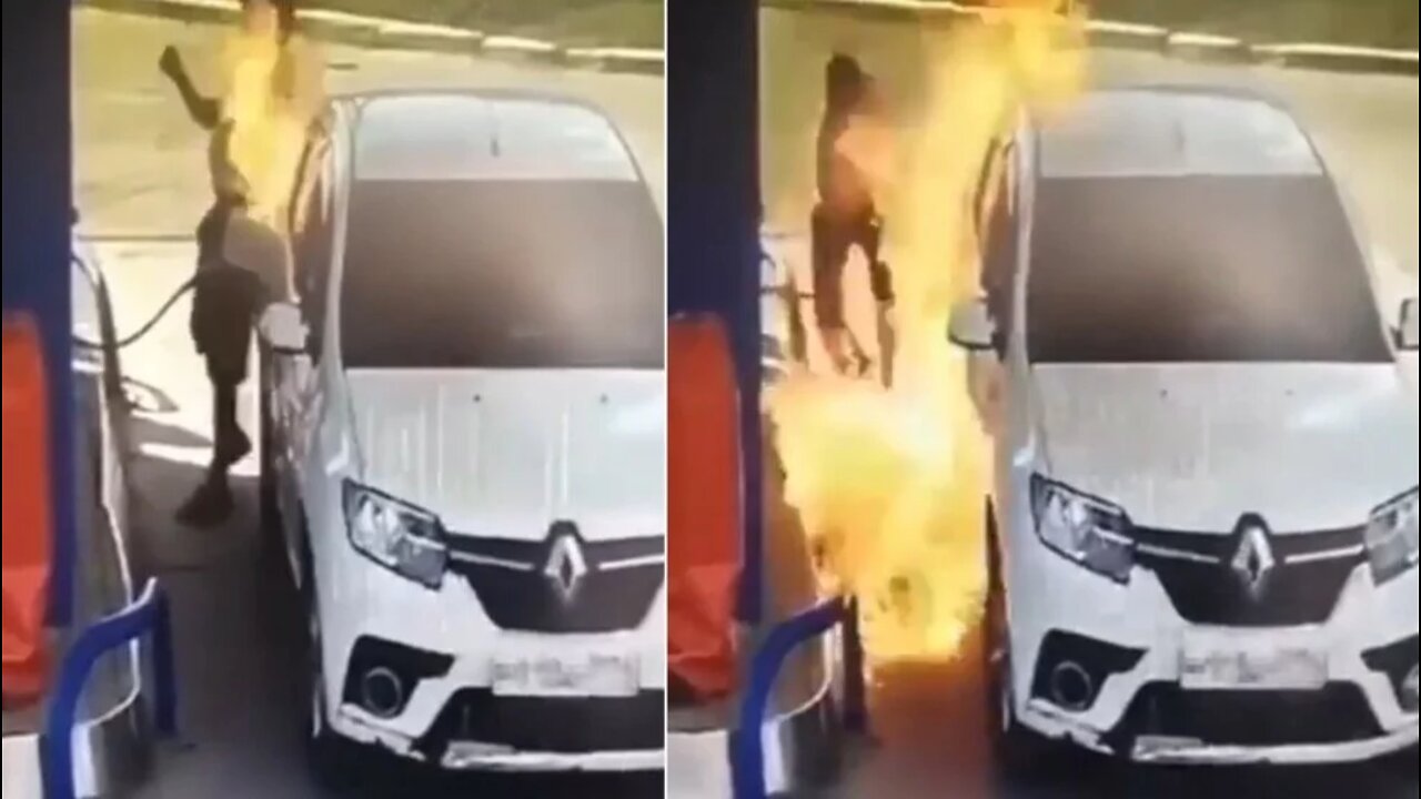 A Russian lit a cigarette while pouring fuel