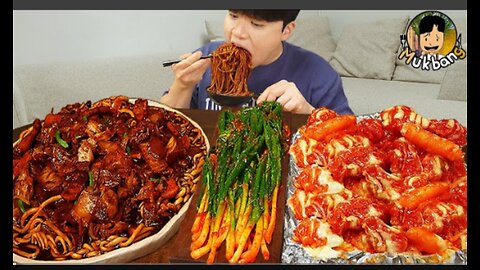 ASMR MUKBANG | Giant BBQ Chicken Drumsticks, black bean noodles, fried egg recipe ! eating