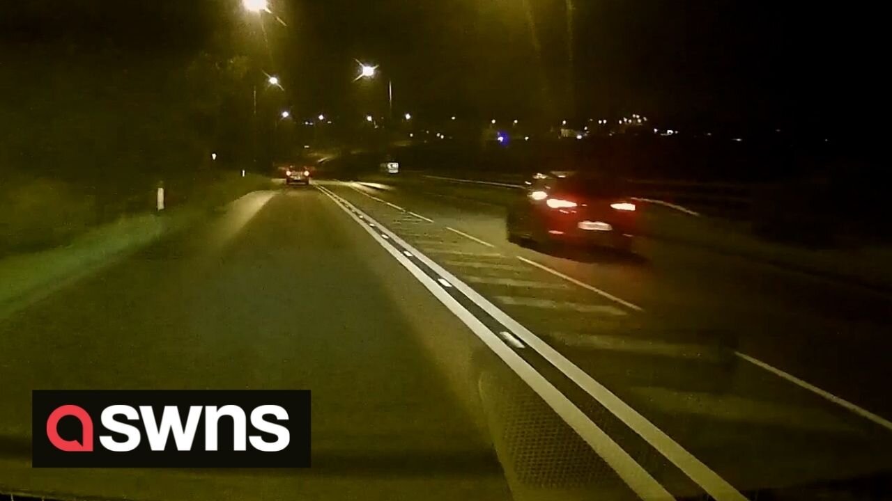 Dashcam footage shows UK driver speeding at 100mph on wrong side of road