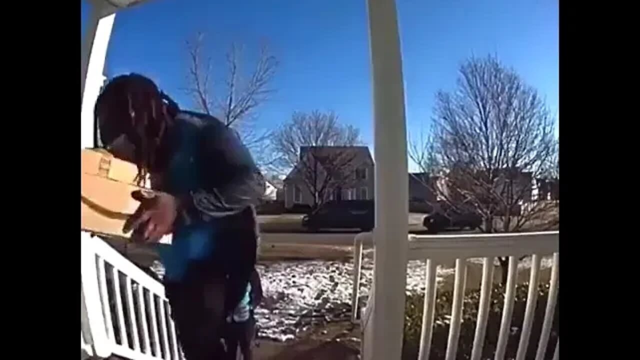 Delivery guy shows his butt, then body slams stairs