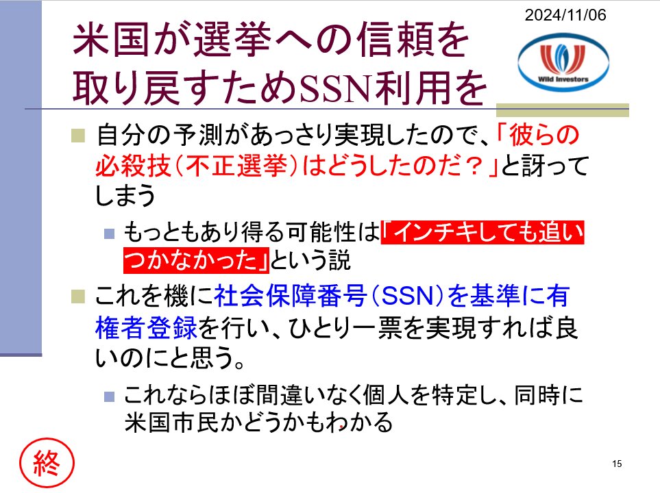 投資戦略動画（公開用）20241106 トランプ氏勝利報道！今回はバイデンジャンプと無限郵便投票発動せず。だったら前回も怪しまれるのでは。 選挙への信頼を取り戻すためSSN利用を。