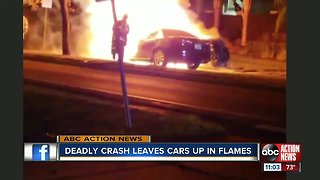 Deadly crash leaves cars up in flames