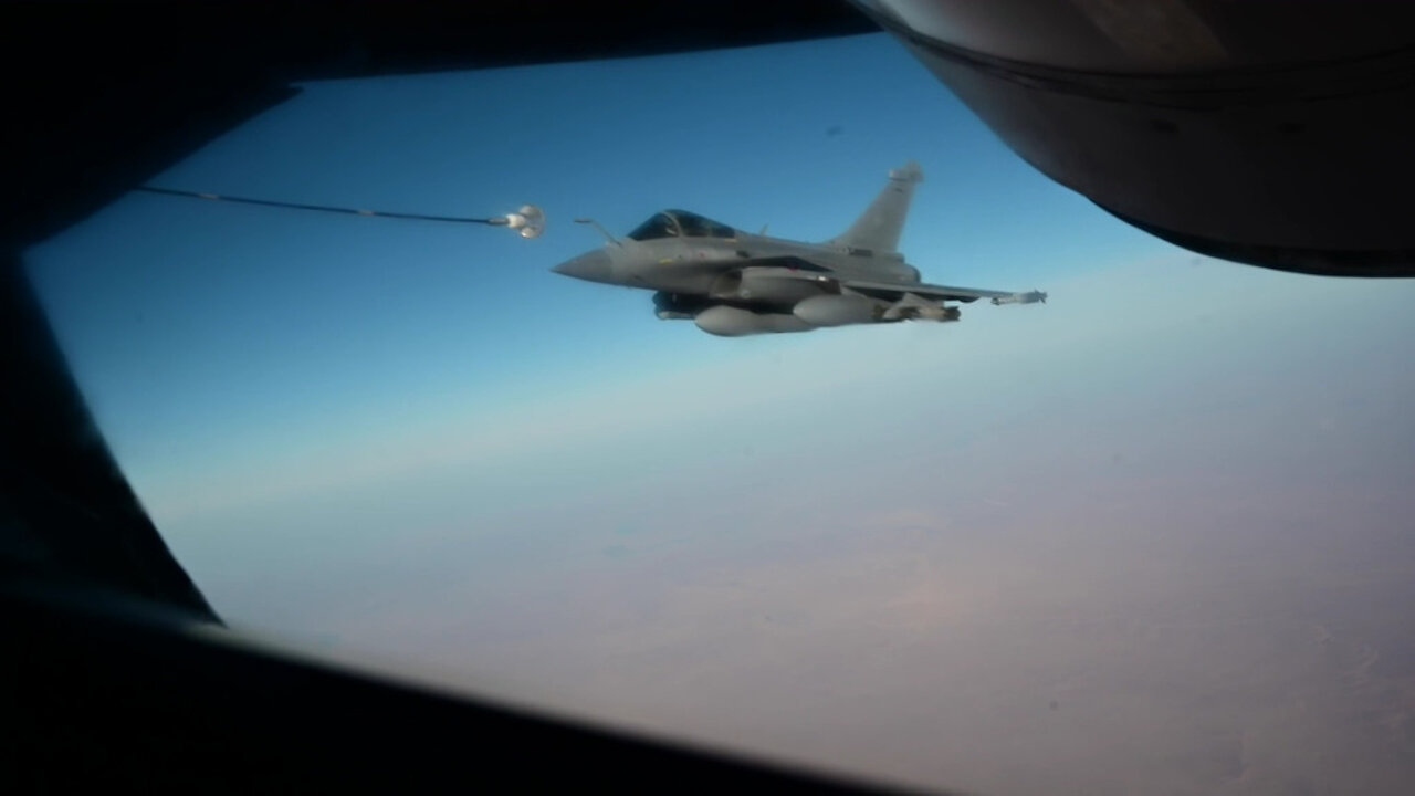 B-Roll: KC-135 Stratotanker Refuels French Rafales Fighter Aircraft