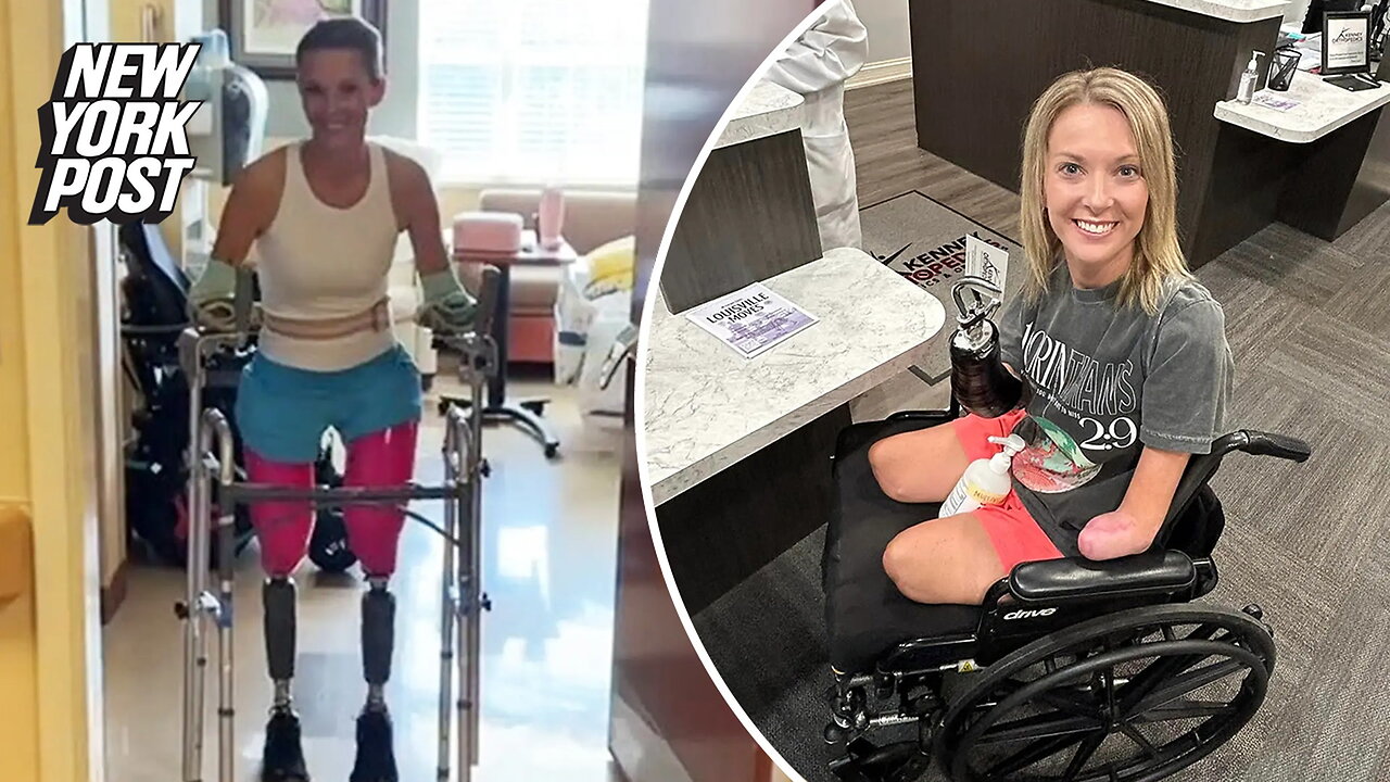 Mom Cindy Mullins walks first time with prosthetics after losing her limbs to sepsis