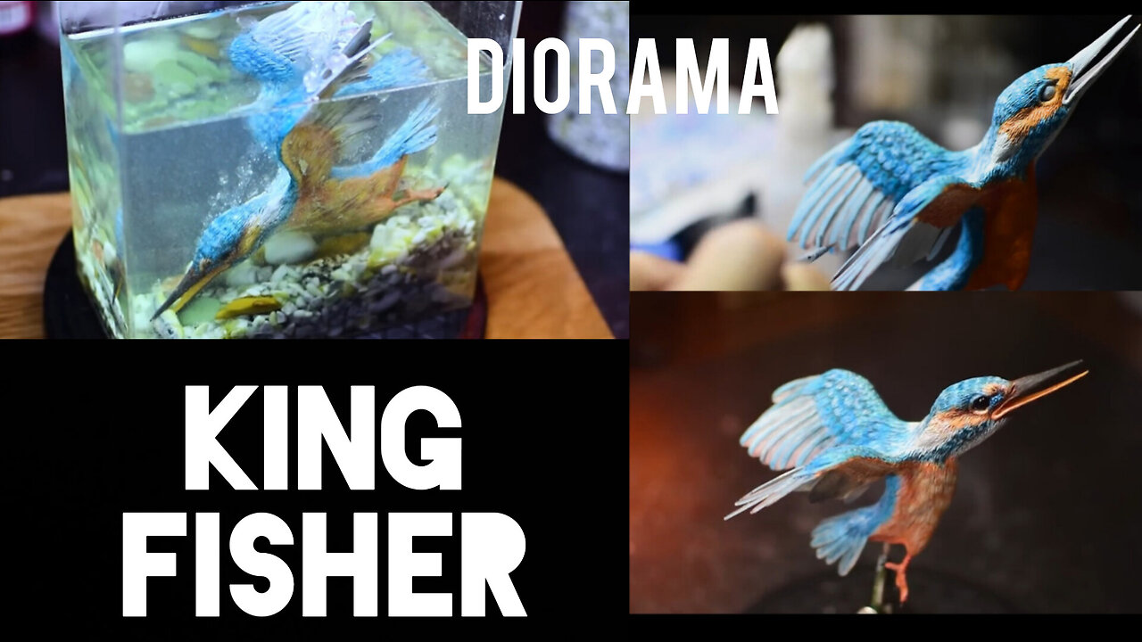 Diorama - Kingfisher catching a fish / polymer clay / Epoxy Resin / sculpting