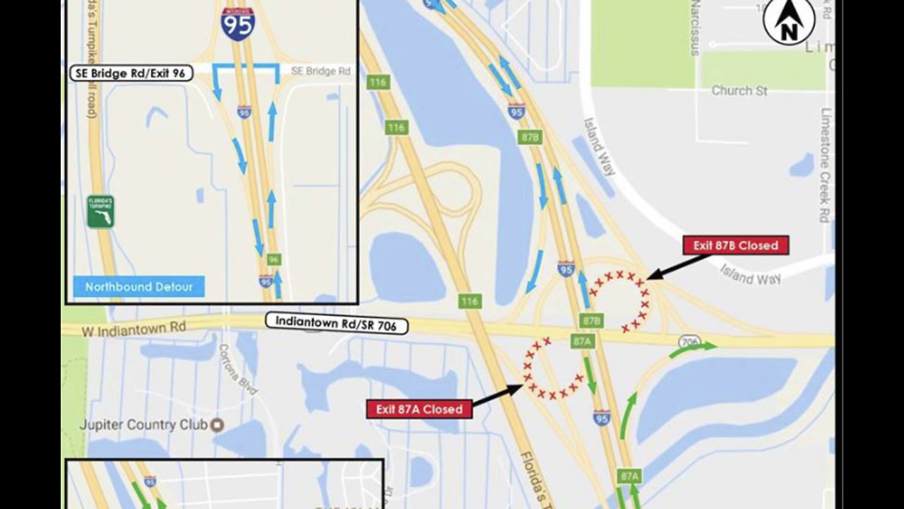 Town of Jupiter: I-95 ramps at Indiantown Road closed Sunday through Tuesday night