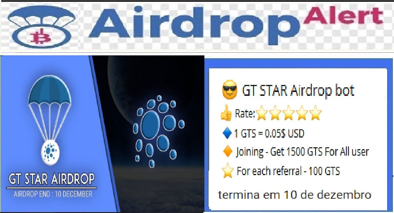 【Airdrop GT STAR】Ganhe 1500 tokens GTS | Ref 100 Token GTS | Dist. 10 Dezembro | #RendaExtra