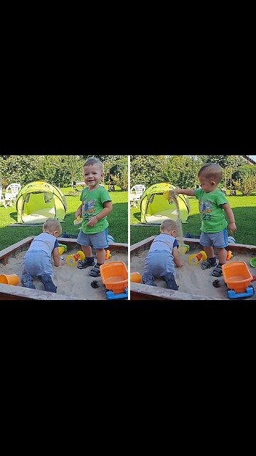 Big Brother Playfully Spills Sand On Little Brother's Head