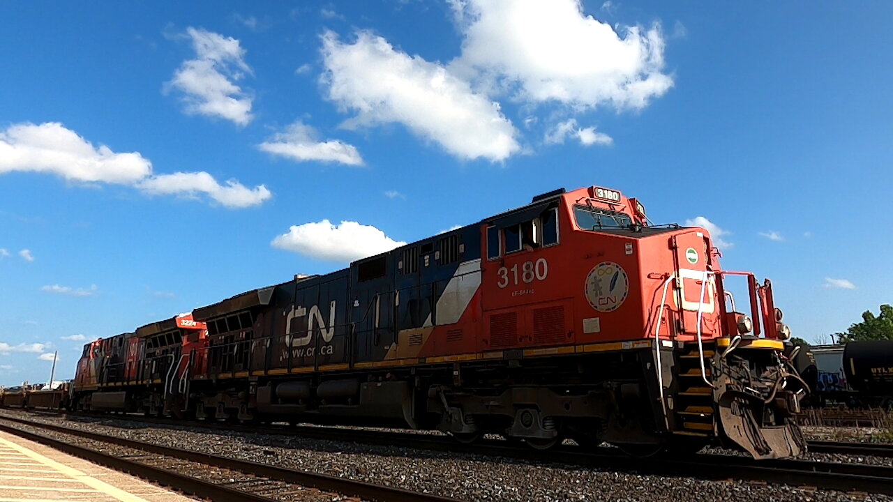 CN 3180 & CN 3224 100 Anniversary Engine Manifest Train Westbound In Ontario TRACK SIDE