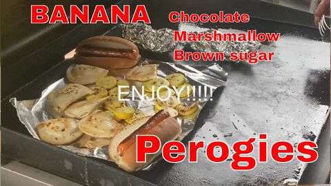 Kids Meal on the Flat Grill (Perogies, Hot Dog, Squash& Banana on the Grill