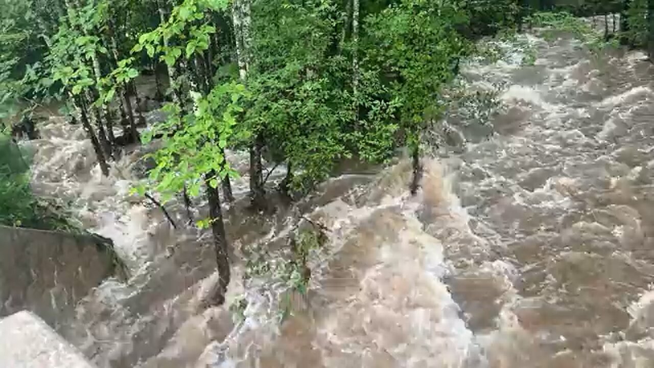 Strong flow with flash flood warning in Haley Brook near the New Hampshire border south of Fryberg.