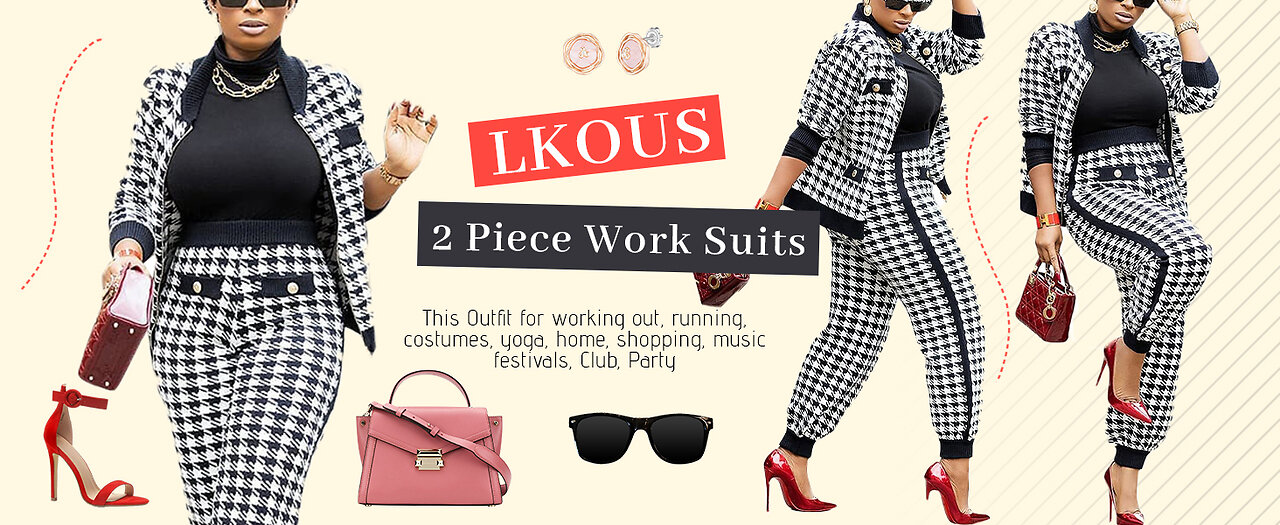 LKOUS 2 Piece Houndstooth Print Buttons Open Front Business Outfits