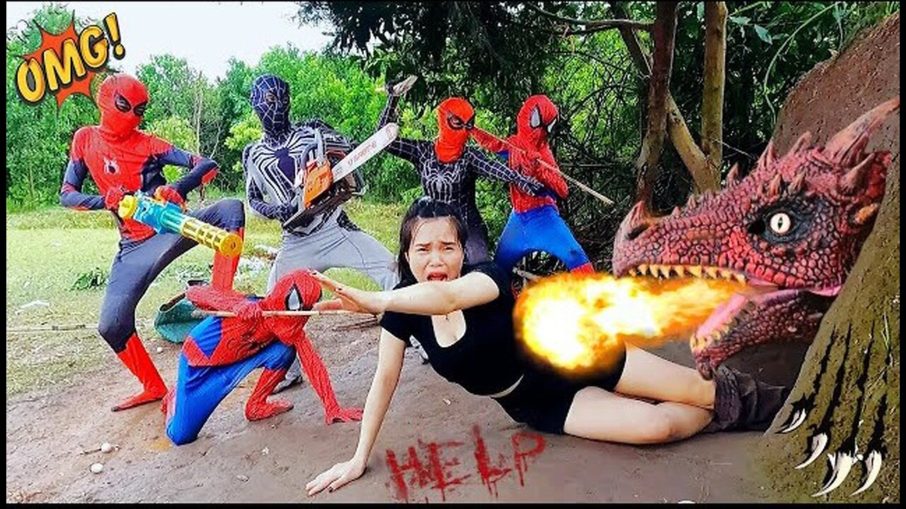 Great War, brave 5 Spider-Man squad defeat the fire Dragon to rescue the girl.