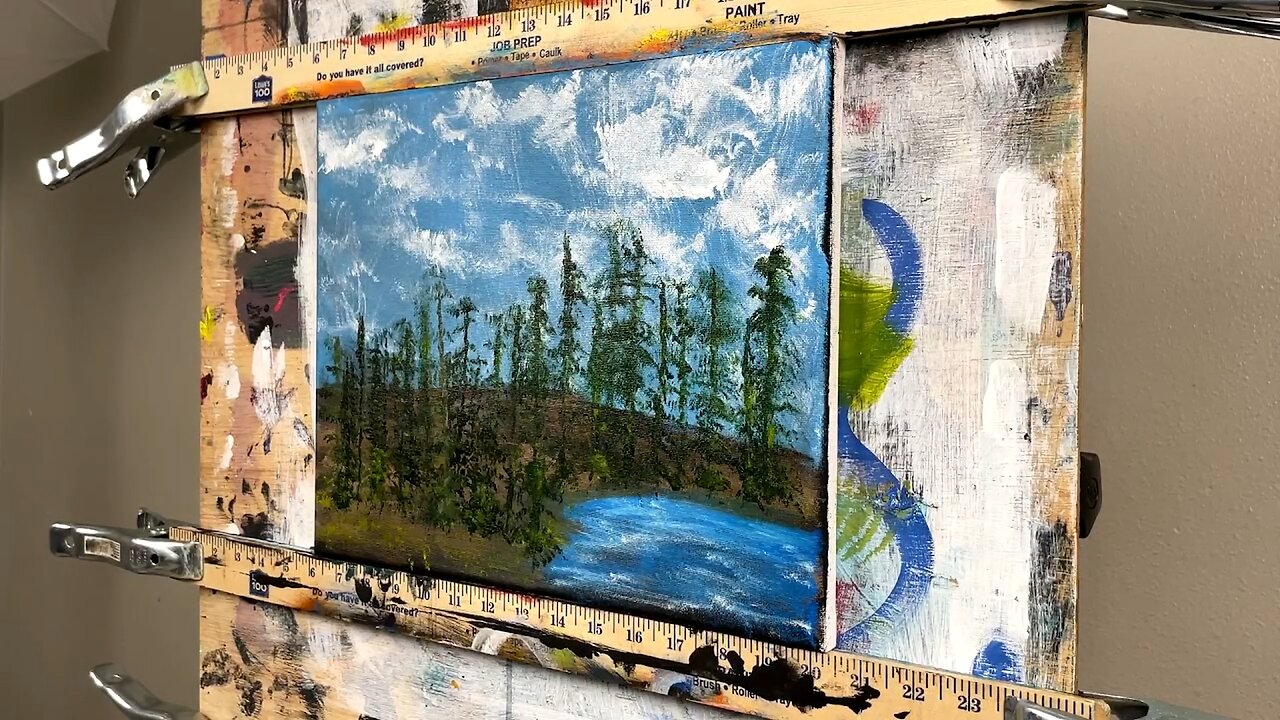 "Foresty Lake" acrylic landscape painting on canvas with Black gesso #artsale