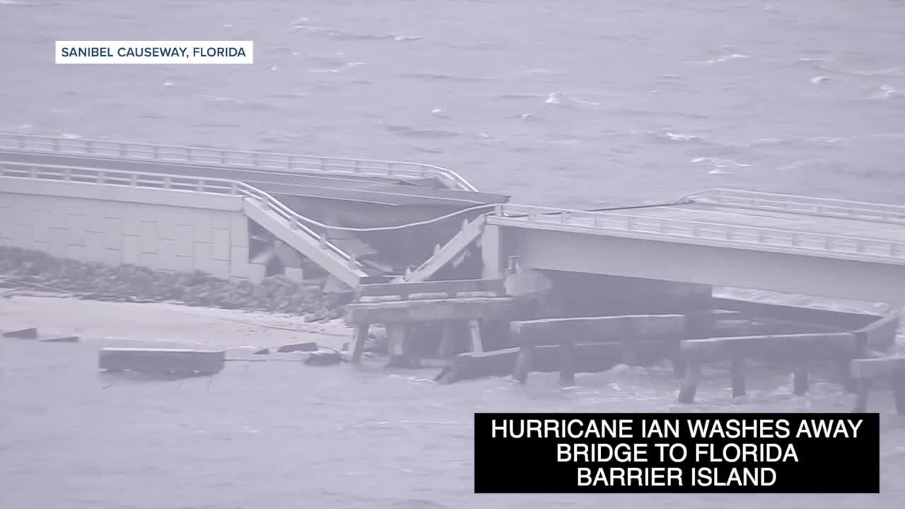 Bridge leading to Sanibel Island washed away by Hurricane Ian