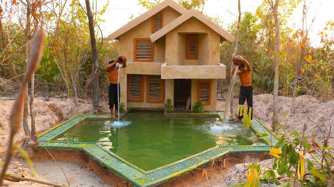 Build Awesome Swimming Pool And two story mud villa House And strong