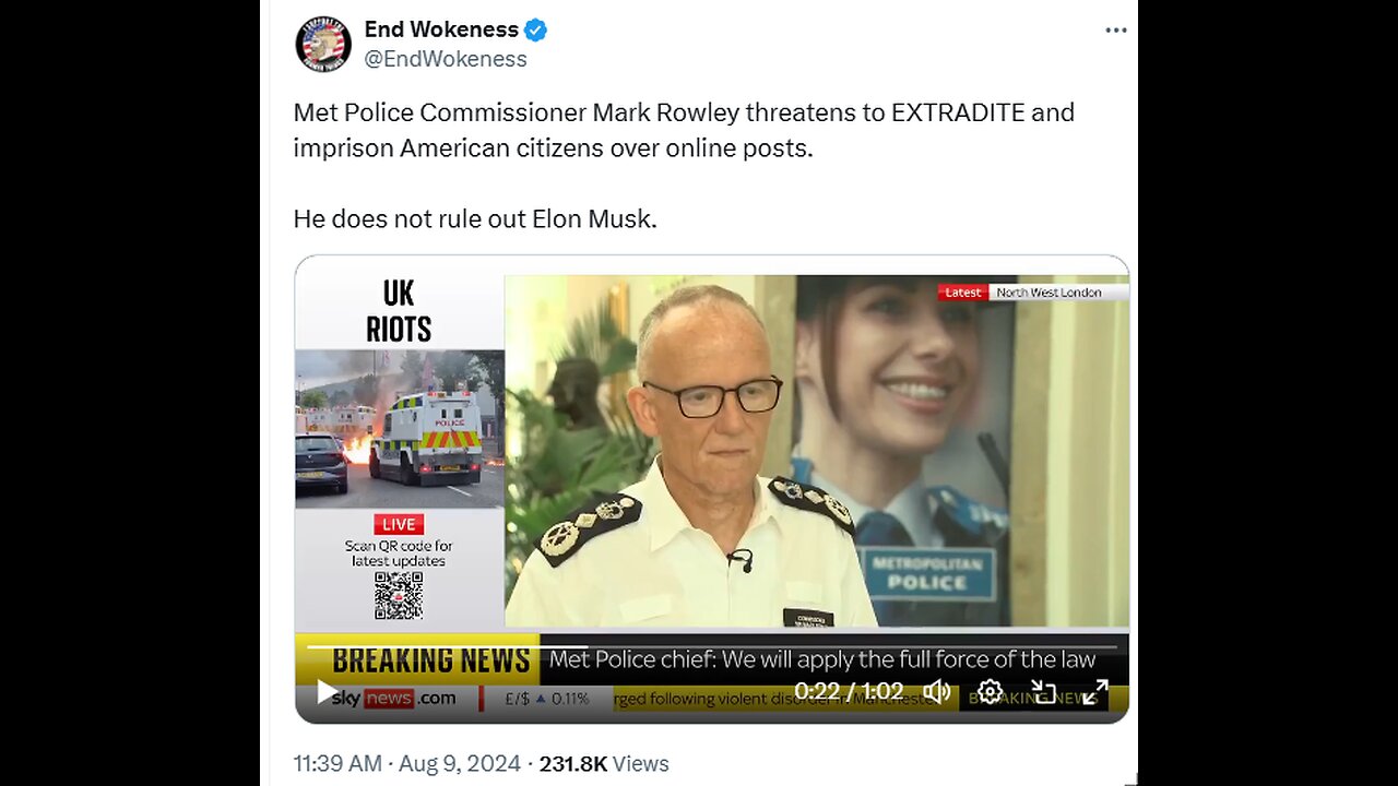 Mark Rowley threatens to EXTRADITE and imprison American citizens over online posts.