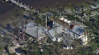 Chopper footage of flooded homes and damages caused by the impacts of Hurricane Ian on Pine Island