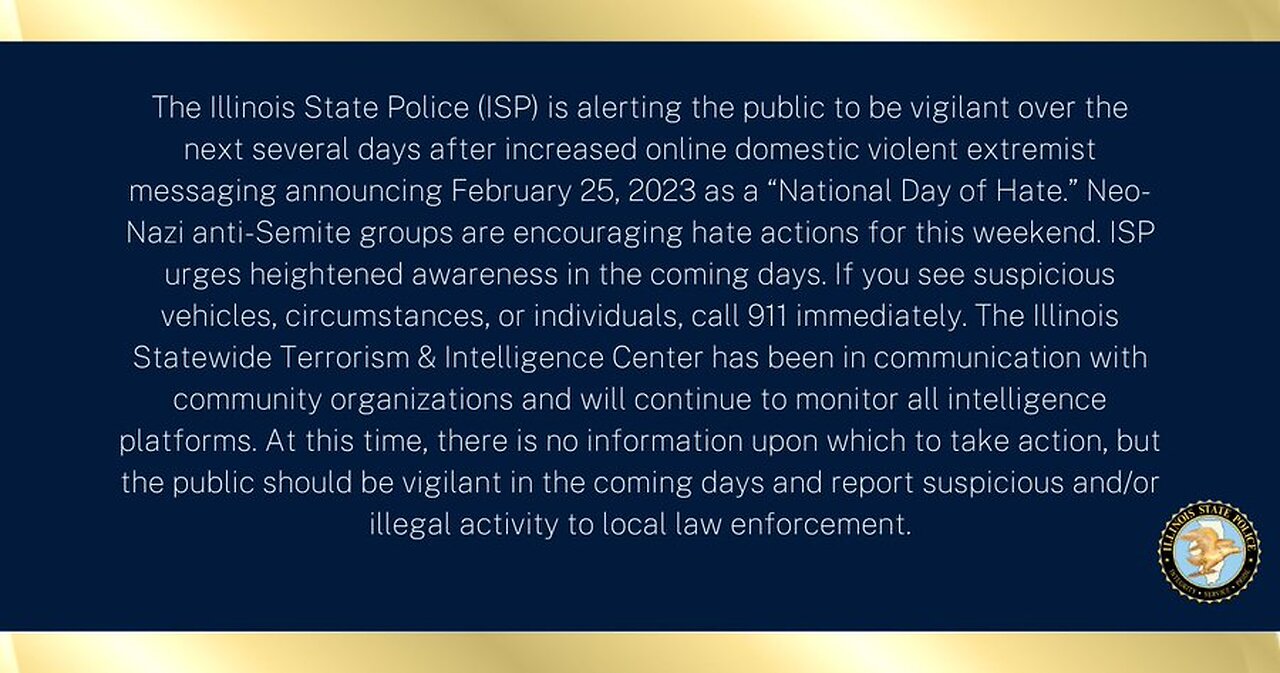 Illinois State Police warn of 'National Day of Hate,' urge public vigilance