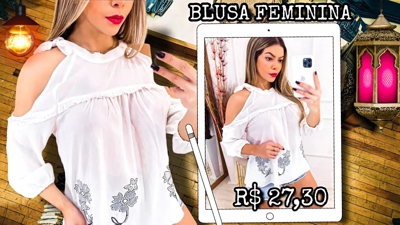 Blusa Feminina com abertura no Ombro" Tecido Texturizado , detalhe em bordado!!!