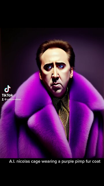 A.I. nicolas cage wearing a purple pimp fur coat