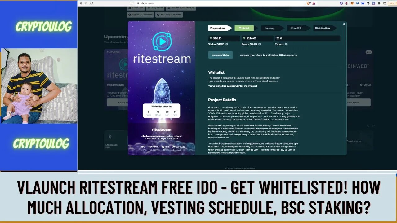 Vlaunch Ritestream Free IDO - Get Whitelisted! How Much Allocation, Vesting Schedule, BSC Staking?