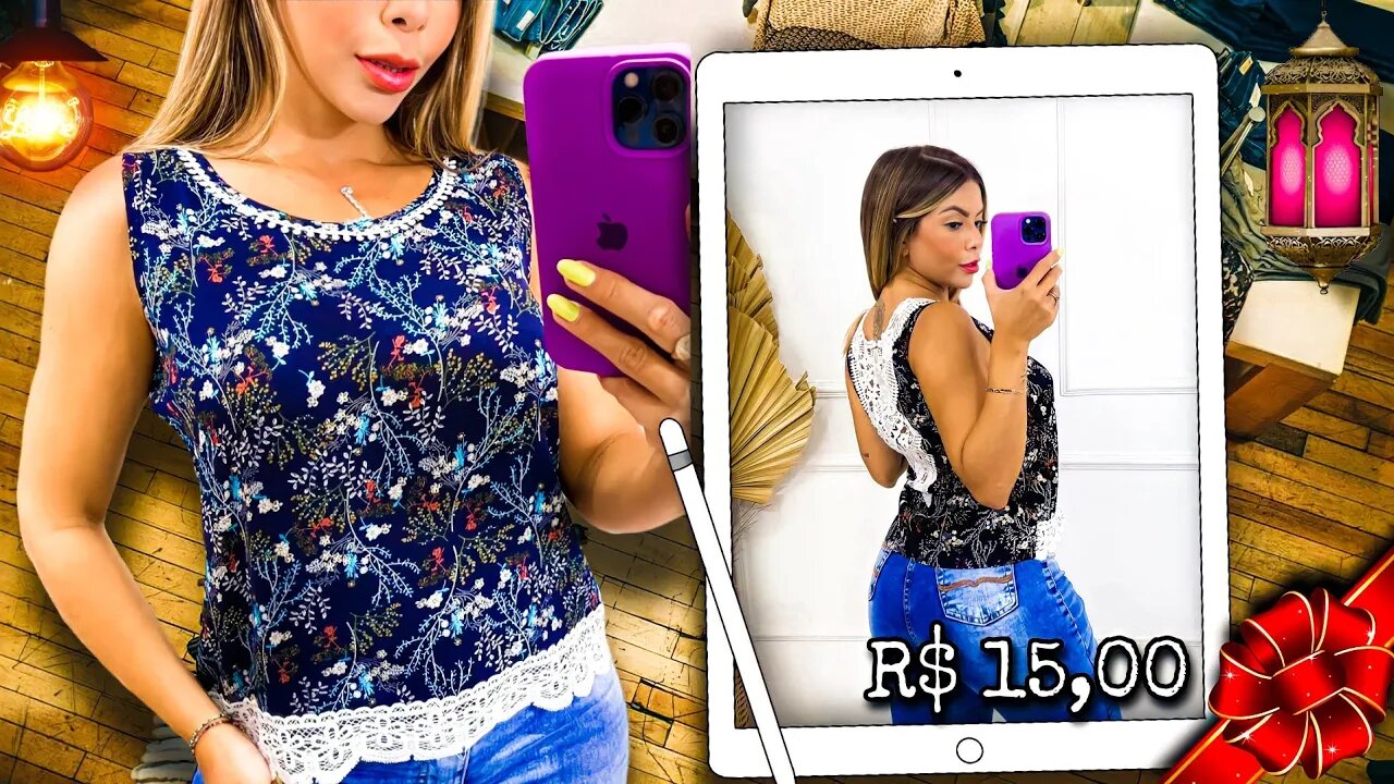 Blusa Regata Alça Larga Estampada Viscose com Renda/@shopee