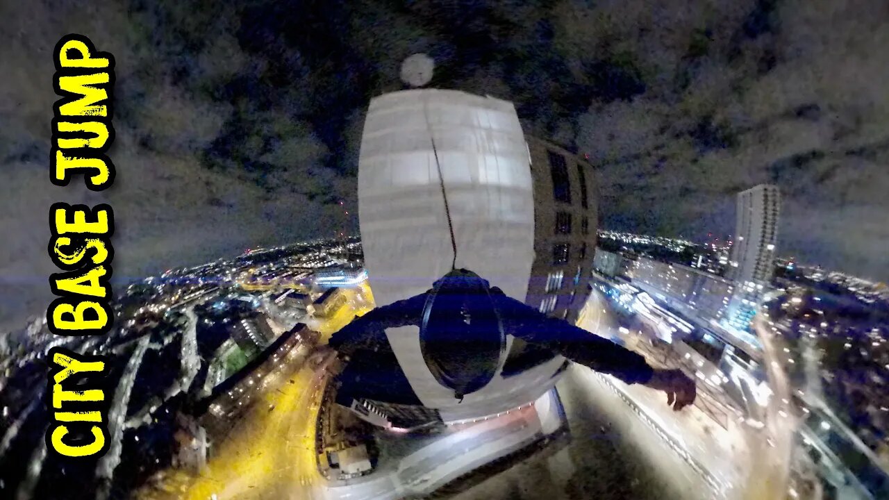 squad of base jumpers at night city jumping