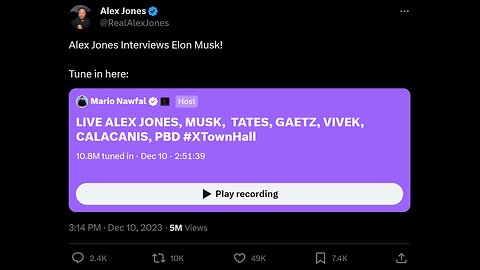 LIVE Alex Jones, Elon Musk, Tates, Gaetz, Vivek, Calacanis, PBD #XTownHall SPACES - 12/10/23