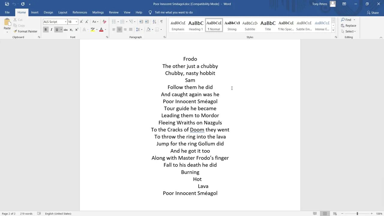 Poor Innocent Smeagol by Tony Peters A Lord of the Rings Tribute Poem