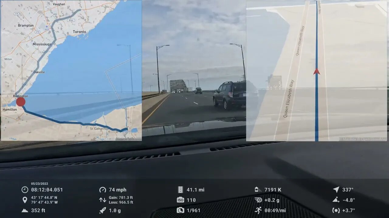 Niagara Falls to Toronto, Ontario, Canada (85 miles) in 10 minutes - 4K dashcam w/ telemetry HUD