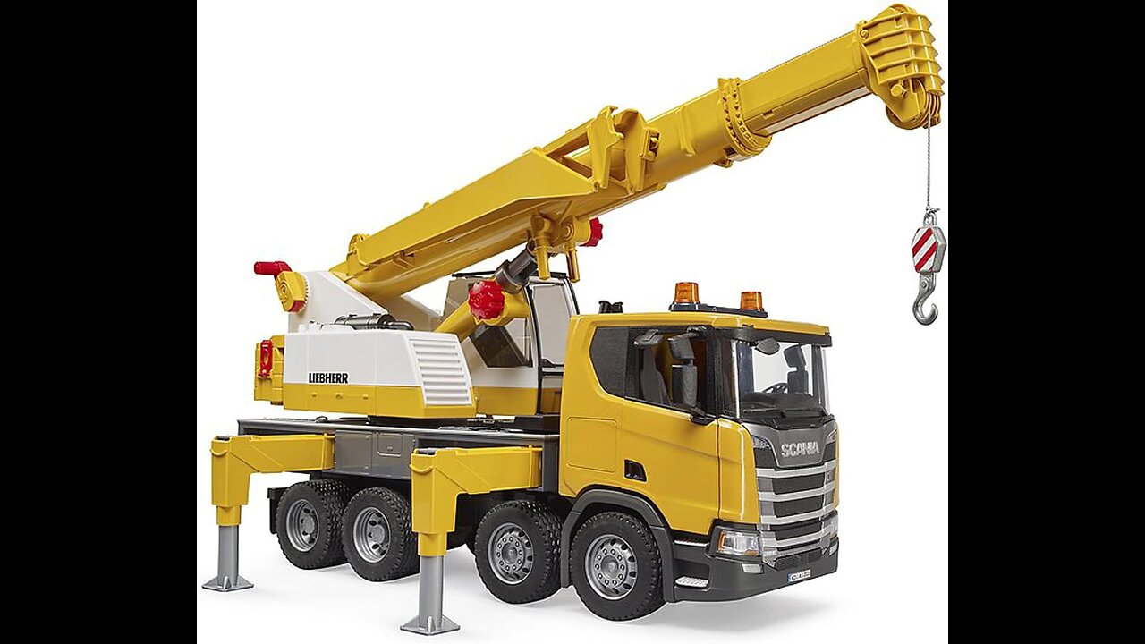 Bruder 03571 Scania Super 560R Liebherr Crane Truck w Light/Sound Module . The Scania Super 560R Liebherr Crane Truck by Bruder features a transparent, break-proof polycarbonate driver's cab with an easily accessible door that can be opened, pro