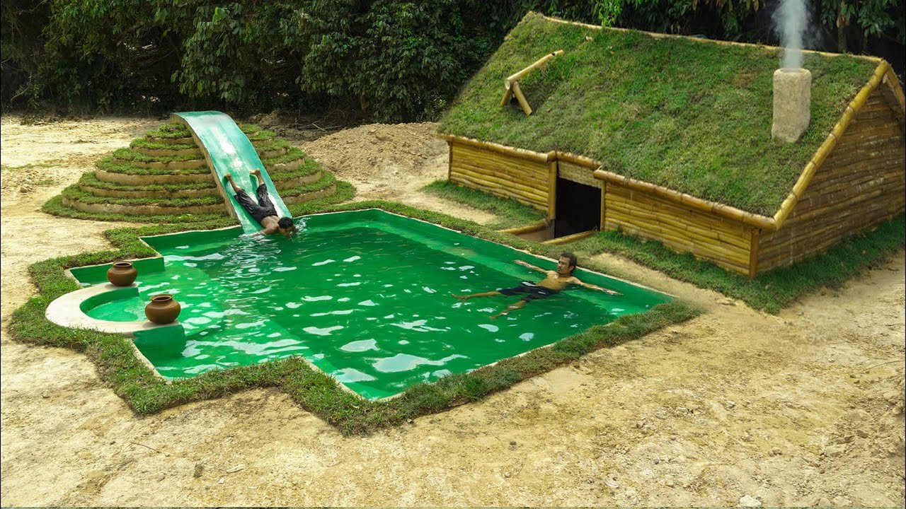 10Days Building Water Slide To Swimming Pool and Decoration Underground Room