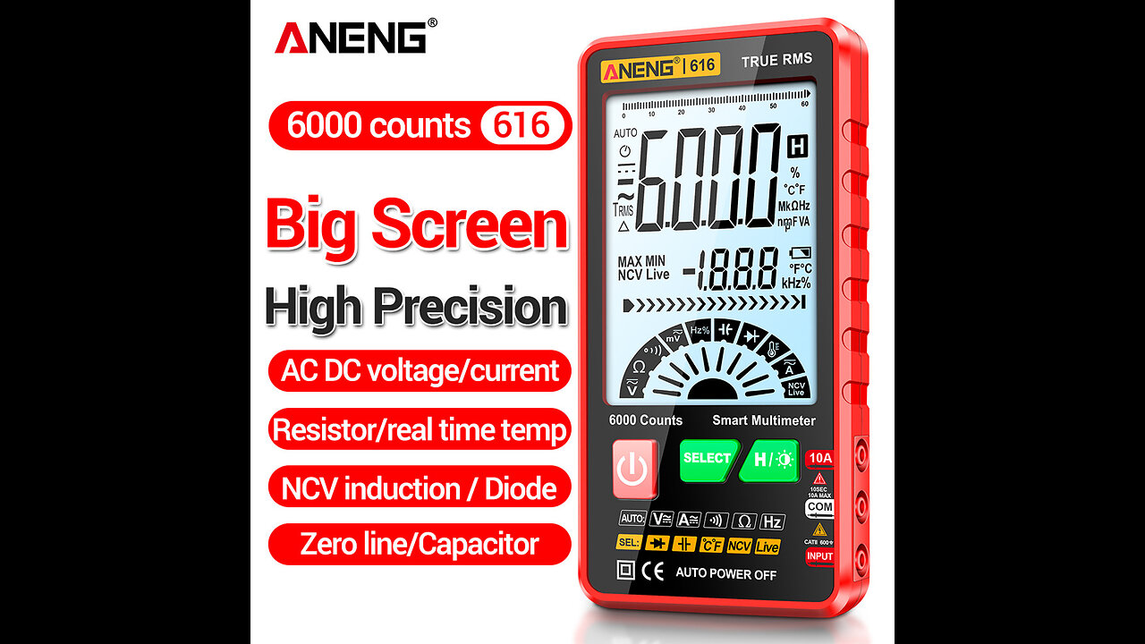 ANENG 616 Digital Multimeter | 6000 Counts, Auto-ranging, True RMS, AC DC Voltage Current Tester