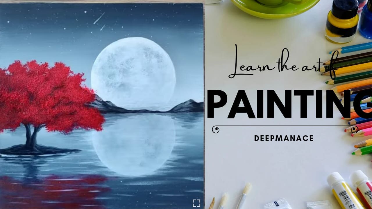 Red Tree | Black & White Painting | Full Moon Acrylic Painting for Beginners