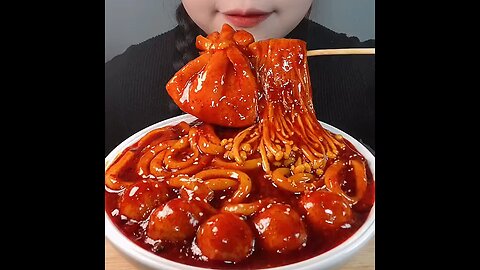 Mukbang spicy Korean noodles and spicy meatballs