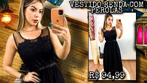 Vestido Renda com pérolas Cravejada Festa/ com forro e Bojo/ shopee