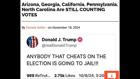 Arizona, Georgia, California. Pennsylvania. North Carolina Are STILL COUNTING VOTES - TRUMP>ANYONE WHO CHEATS GO TO JAIL - 5 mins. TO READ ARTICLE BELOW.