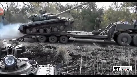 Too traumatized to escape Ukrainian tractors, the Russian tank assumes a submissive position.