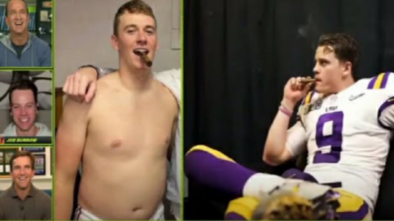 Joe Burrow rates his cigar video while Peyton mocks Eli for attempting to catch his own throw.