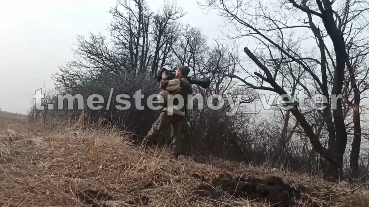 DPR soldier rebel fires a captured Ukrainian NLAW anti tank missile