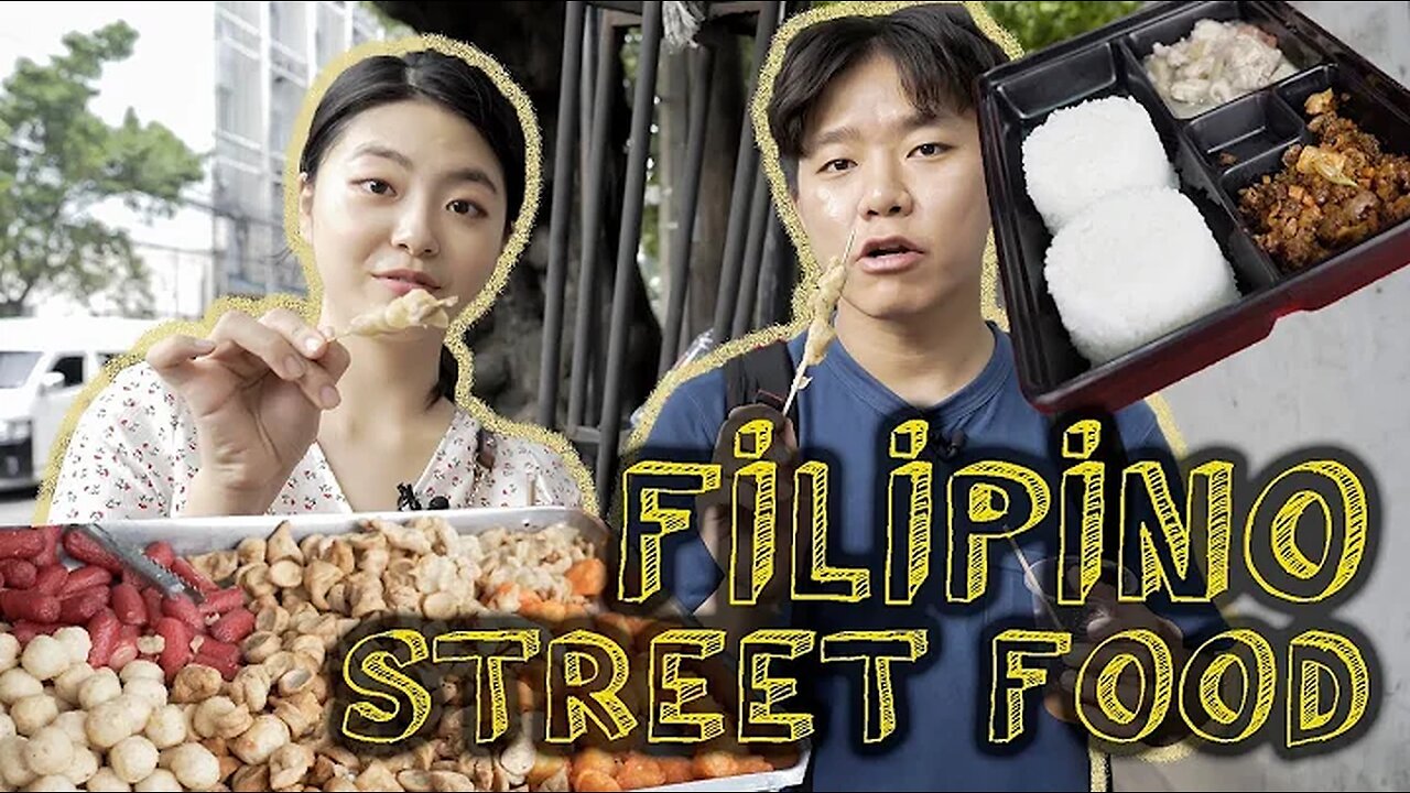 Koreans try filipino STREET FOOD!! / 필리핀 대학가 길거리 음식 먹어보기