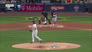 Tellez HR, throw spark Brewers over Braves 2-1 in Game 1