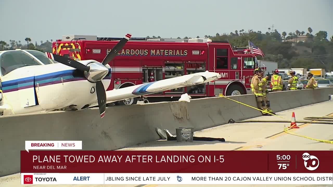 Plane towed from I-5 after landing in Del Mar