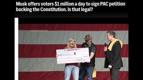 Musk offers voters $1 million a day to sign PAC petition backing the Constitution - 2 mins. Oct 22 - Nov 5: Each day, one petition signer from either PA, GA, NV, AZ, MI, WI, or NC will earn $1,000,000. ALL MUSK LINKS BELOW.