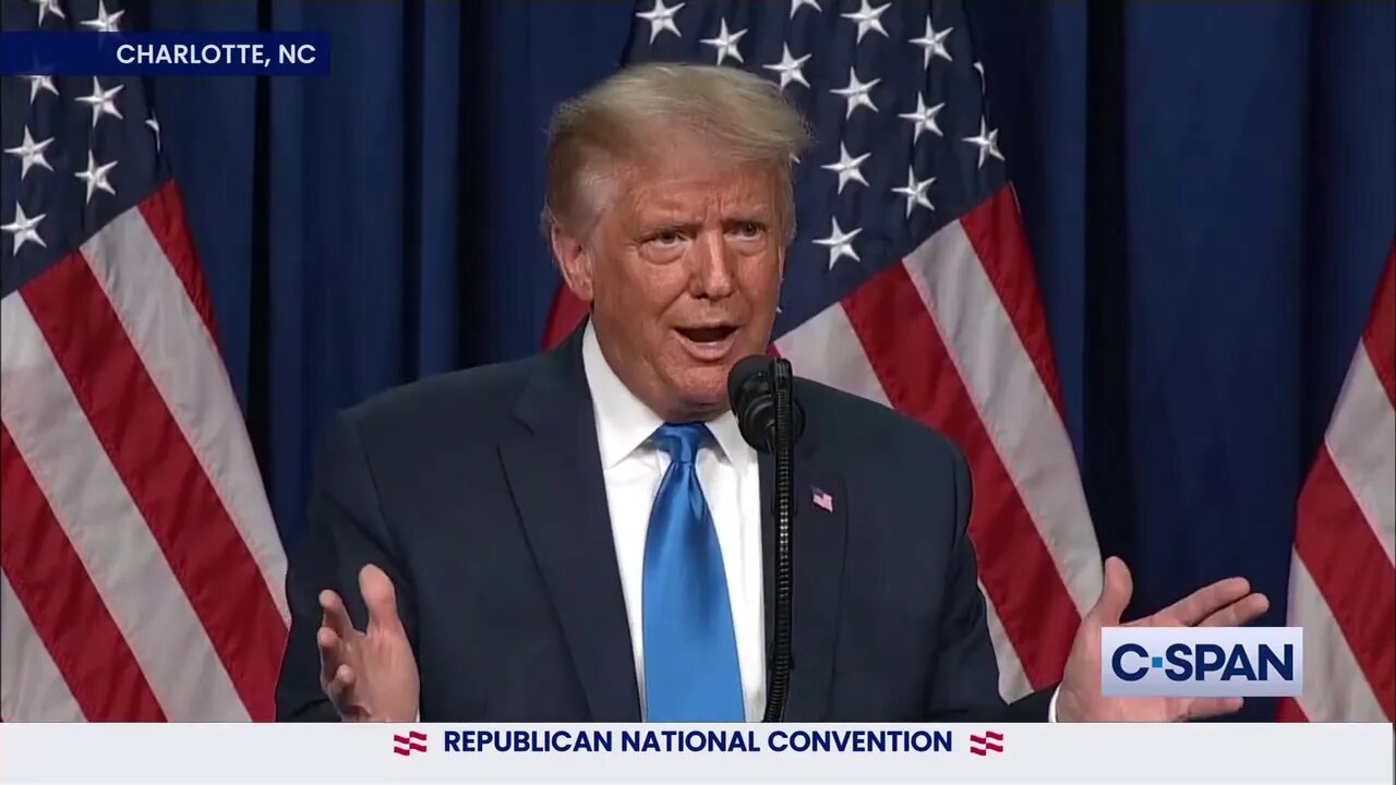 President Donal Trump addresses 2020 Republican National Convention delegates in Charlotte, NC